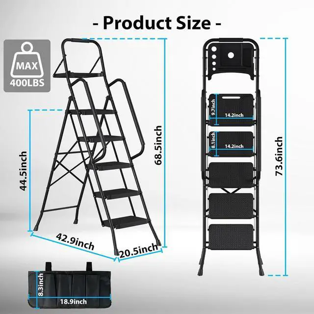 Alt view image 2 of 7 - BONTEC 5-Step Ladder, 400lbs Max Load, Folding Step Stool with Tool Tray, Tool Bag, Handrails, Wide Anti-Slip Pedals, Sturdy Steel Ladder for Household & Work Use, Black