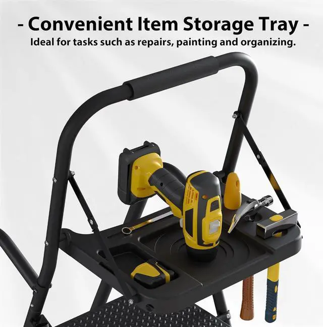 Alt view image 3 of 7 - BONTEC 5-Step Ladder, 400lbs Max Load, Folding Step Stool with Tool Tray, Tool Bag, Handrails, Wide Anti-Slip Pedals, Sturdy Steel Ladder for Household & Work Use, Black