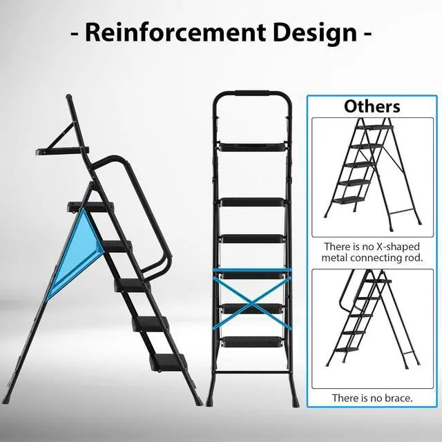 Alt view image 5 of 7 - BONTEC 5-Step Ladder, 400lbs Max Load, Folding Step Stool with Tool Tray, Tool Bag, Handrails, Wide Anti-Slip Pedals, Sturdy Steel Ladder for Household & Work Use, Black