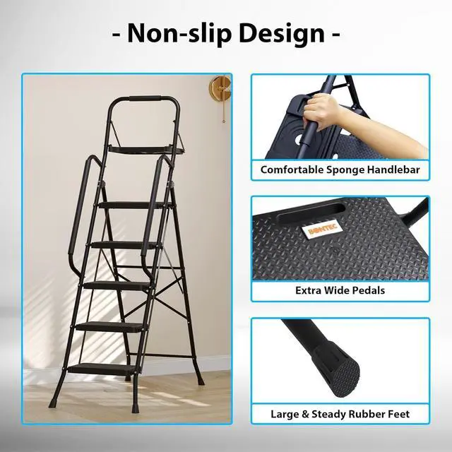 Alt view image 6 of 7 - BONTEC 5-Step Ladder, 400lbs Max Load, Folding Step Stool with Tool Tray, Tool Bag, Handrails, Wide Anti-Slip Pedals, Sturdy Steel Ladder for Household & Work Use, Black