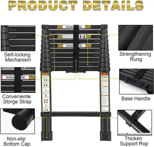 Alt view image 3 of 7 - RIKADE Telescoping Ladder 8.5FT & Attic Ladder, Heavy Duty Aluminum with Non-Slip Feet, 330lb Capacity for RV, Attic, Roof & Multi-Surface Use