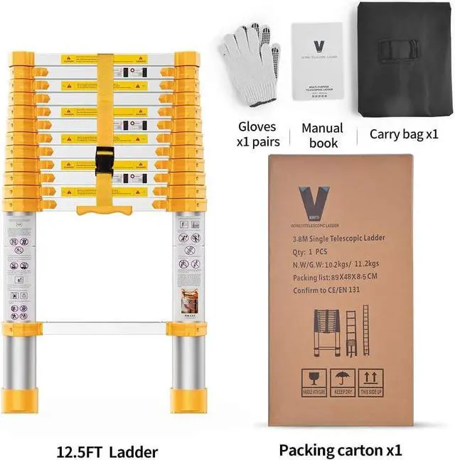 Alt view image 6 of 6 - BOWEITI Telescoping Extension Ladder 12.5FT Heavy Duty Upgrade,Aluminum Telescopic Ladder with Upgrade Material/Accessories