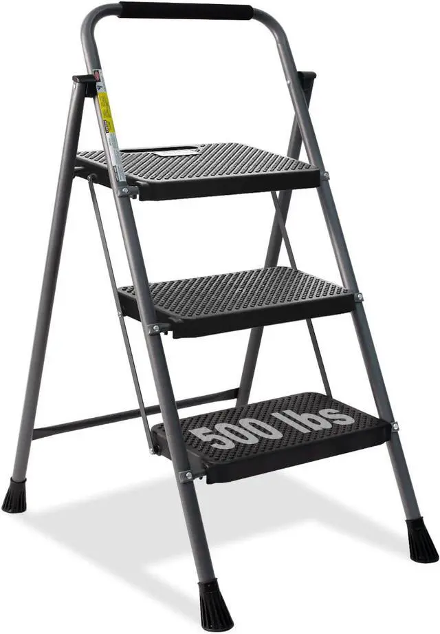 Main image of 3 Step Ladder, GOLYTON Folding Step Stool with Anti-Slip Wide Pedal & Convenient Handgrip, 500lbs Capacity Steel Ladder for Household and Office, Grey