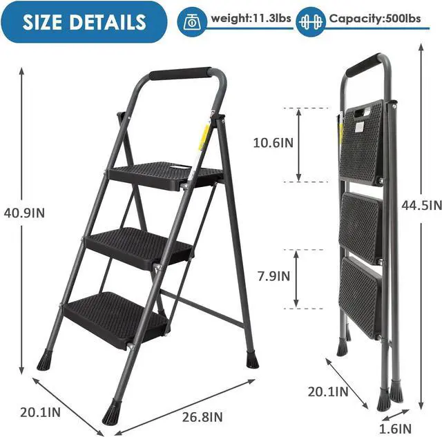 Alt view image 5 of 7 - 3 Step Ladder, GOLYTON Folding Step Stool with Anti-Slip Wide Pedal & Convenient Handgrip, 500lbs Capacity Steel Ladder for Household and Office, Grey