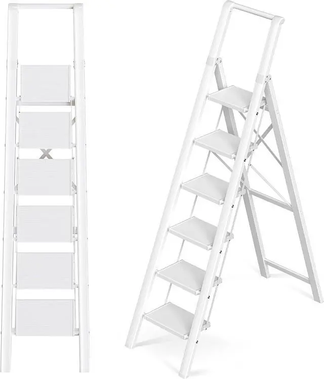 Main image of GameGem Step Ladder 6 Step Folding, Aluminum Ladders for High Ceilings, Tall Closet, Cabinet, 6 ft Lightweight Step Ladder with Anti-Slip Foot for Home Use, 330Lbs Load, White