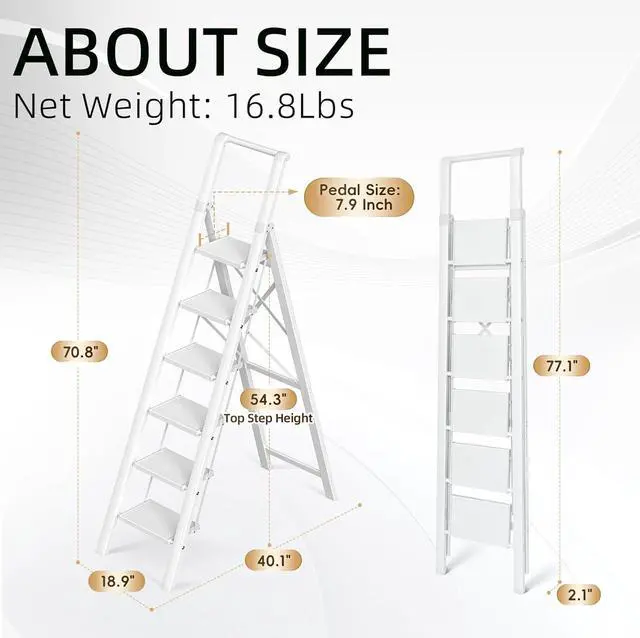 Alt view image 2 of 6 - GameGem Step Ladder 6 Step Folding, Aluminum Ladders for High Ceilings, Tall Closet, Cabinet, 6 ft Lightweight Step Ladder with Anti-Slip Foot for Home Use, 330Lbs Load, White