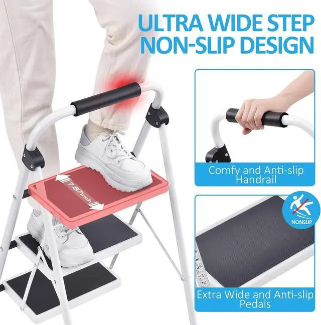 Alt view image 2 of 7 - KINGRACK Step Ladder 4 Step Folding Step Stool for Adults with Handrails Heavy Duty Steel Sturdy Lightweight Collapsible Portable Step Ladder with Anti-Slip Wide Pedal,White