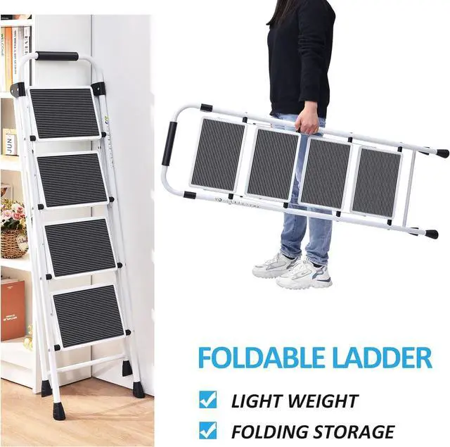 Alt view image 5 of 7 - KINGRACK Step Ladder 4 Step Folding Step Stool for Adults with Handrails Heavy Duty Steel Sturdy Lightweight Collapsible Portable Step Ladder with Anti-Slip Wide Pedal,White