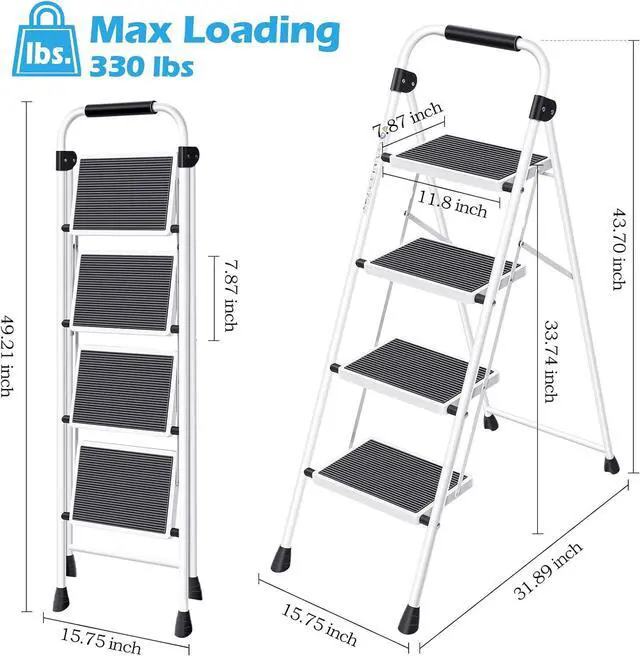 Alt view image 7 of 7 - KINGRACK Step Ladder 4 Step Folding Step Stool for Adults with Handrails Heavy Duty Steel Sturdy Lightweight Collapsible Portable Step Ladder with Anti-Slip Wide Pedal,White