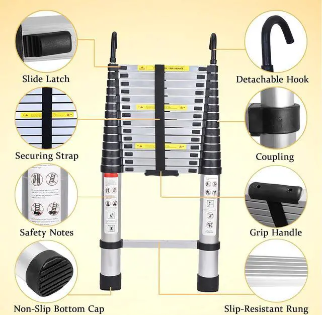 Alt view image 3 of 7 - Telescoping Ladder 14.5ft Aluminum Telescopic Extension Ladder Extendable Ladders with 2 Detachable Hooks Portable Lightweight Safety Lock Design Best for Household Daily or RV Work 330 Pound Capacity