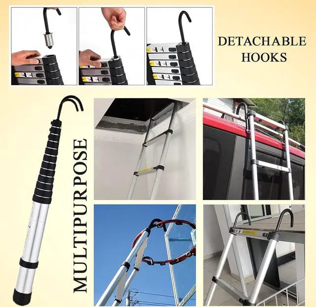 Alt view image 4 of 7 - Telescoping Ladder 14.5ft Aluminum Telescopic Extension Ladder Extendable Ladders with 2 Detachable Hooks Portable Lightweight Safety Lock Design Best for Household Daily or RV Work 330 Pound Capacity