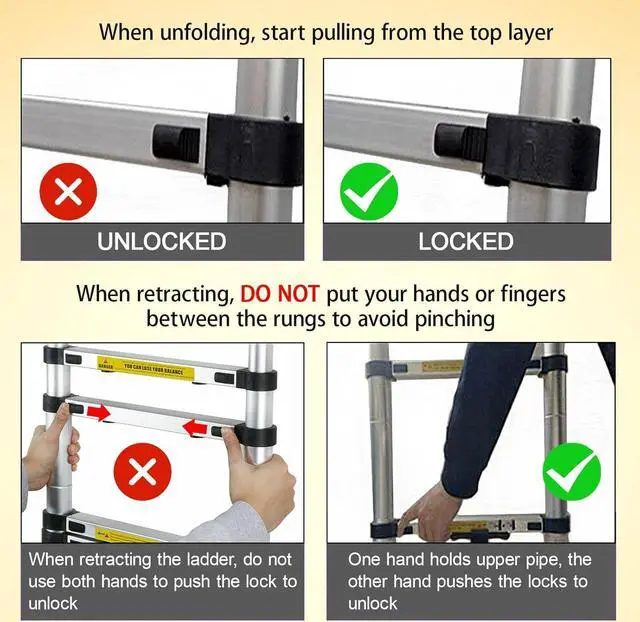 Alt view image 5 of 7 - Telescoping Ladder 14.5ft Aluminum Telescopic Extension Ladder Extendable Ladders with 2 Detachable Hooks Portable Lightweight Safety Lock Design Best for Household Daily or RV Work 330 Pound Capacity
