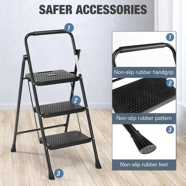Alt view image 4 of 7 - Sweetcrispy Folding 3 Step Ladder Stool - Lightweight, 800lbs Sturdy, with Anti-Slip Feet - Perfect for Home, Kitchen, and Office Use, Easy Storage and Portable Design