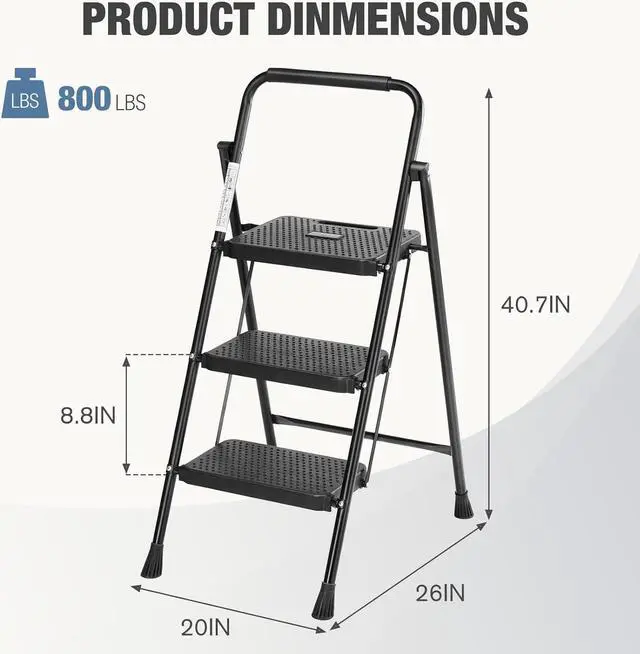 Alt view image 3 of 7 - Sweetcrispy Folding 3 Step Ladder Stool - Lightweight, 800lbs Sturdy, with Anti-Slip Feet - Perfect for Home, Kitchen, and Office Use, Easy Storage and Portable Design