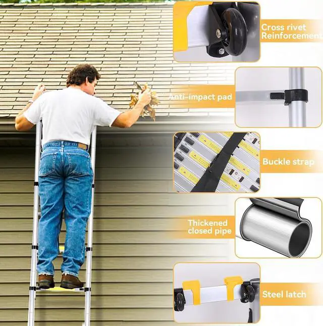 Alt view image 7 of 7 - BOWEITI 26.2FT Telescoping Ladder, Aluminum Collapsible Ladder w/Non-Slip Feet, Lightweight RV Compact Ladders, Telescopic Ladders for RV, Household, Outdoor, 330lbs Capacity Extension Ladder (26.2FT)