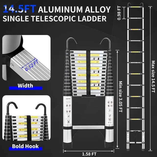 Alt view image 3 of 7 - JADDUO 14.5 FT Telescopic Ladder, Aluminium Silver Telescoping Ladder with Non-Slip Feet and Stable Hook, Portable Extension Ladder for Household and Outdoor Working, Heavy Duty 330 lbs Max Capacity