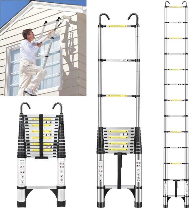 Main image of JADDUO 14.5 FT Telescopic Ladder, Aluminium Silver Telescoping Ladder with Non-Slip Feet and Stable Hook, Portable Extension Ladder for Household and Outdoor Working, Heavy Duty 330 lbs Max Capacity