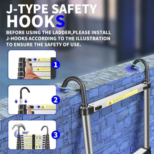Alt view image 6 of 7 - JADDUO 16.5FT Telescopic Ladder, Aluminium Black Telescoping Ladder with Non-Slip Feet and Stable Hook, Portable Extension Ladder for Household and Outdoor Working, Heavy Duty 330lbs Max Capacity