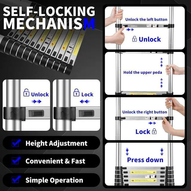 Alt view image 5 of 7 - JADDUO 16.5FT Telescopic Ladder, Aluminium Black Telescoping Ladder with Non-Slip Feet and Stable Hook, Portable Extension Ladder for Household and Outdoor Working, Heavy Duty 330lbs Max Capacity