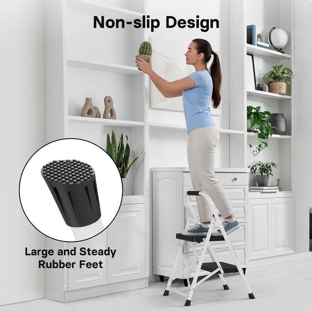Alt view image 3 of 7 - BONTEC 2-Step Ladder, Folding Step Stool, 600lbs Max Load Capacity, Sturdy Steel, Non-Slip Pedals, Lightweight, Portable Steel Ladder with Convenient Handrail, Safety Design for Home & Work, White