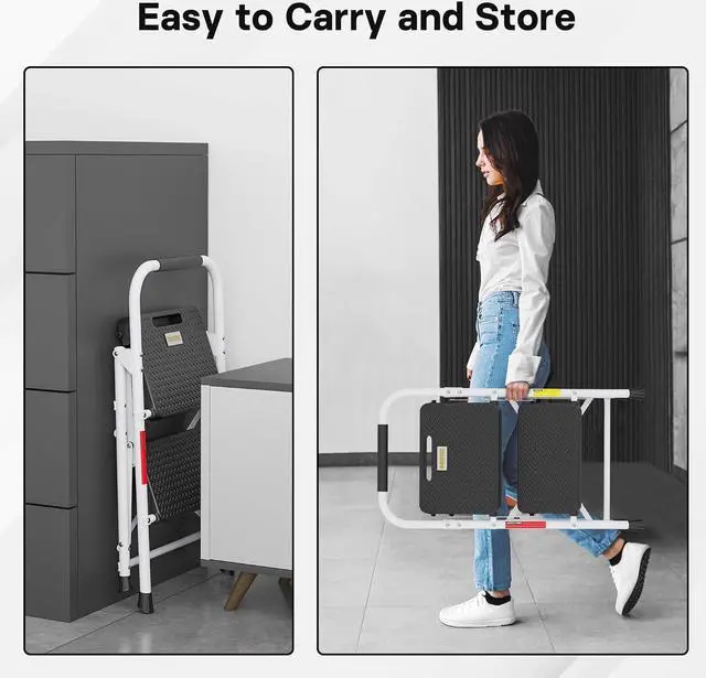 Alt view image 7 of 7 - BONTEC 2-Step Ladder, Folding Step Stool, 600lbs Max Load Capacity, Sturdy Steel, Non-Slip Pedals, Lightweight, Portable Steel Ladder with Convenient Handrail, Safety Design for Home & Work, White