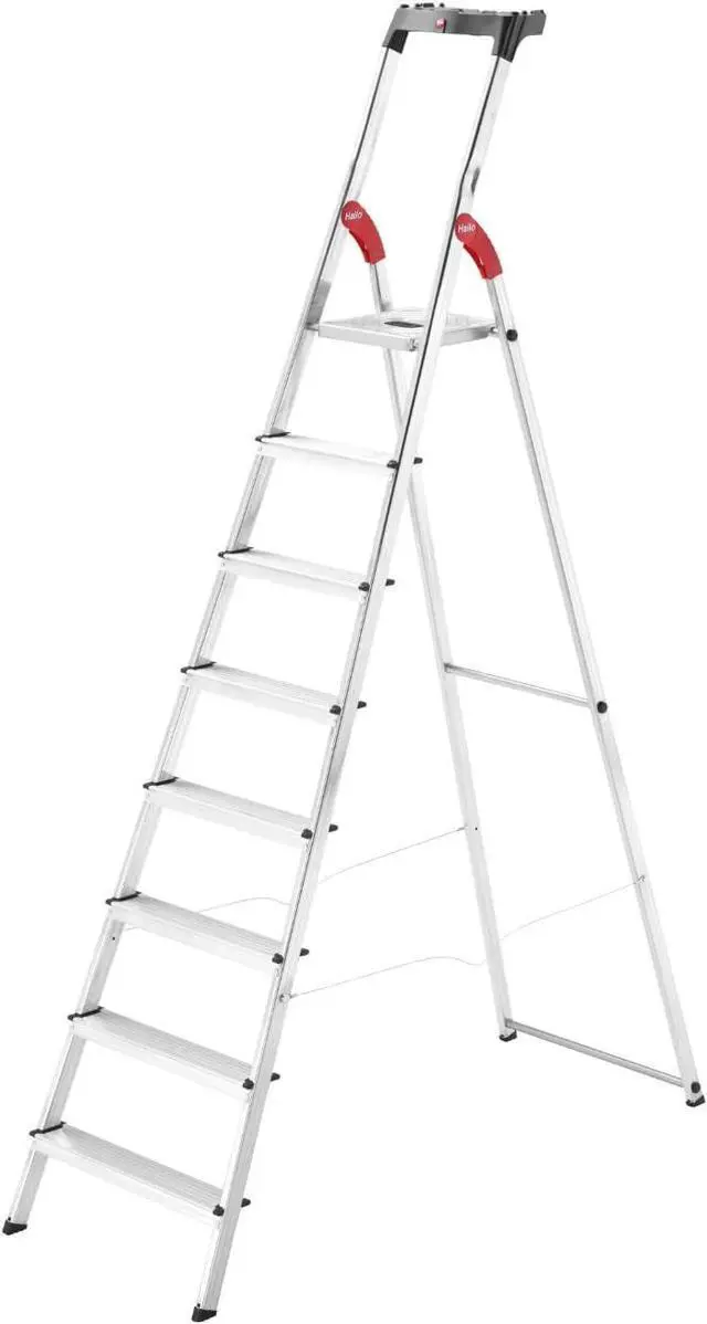 Main image of Hailo L60 StandardLine Aluminum Safety Step Ladder - Folding Ladder With 8 Steps, 330 lb Capacity - Stable Guide Pillar, Shelf Included - Made in Germany, Stainless - Silver