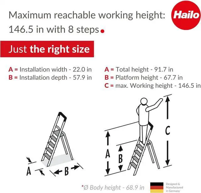 Alt view image 5 of 6 - Hailo L60 StandardLine Aluminum Safety Step Ladder - Folding Ladder With 8 Steps, 330 lb Capacity - Stable Guide Pillar, Shelf Included - Made in Germany, Stainless - Silver