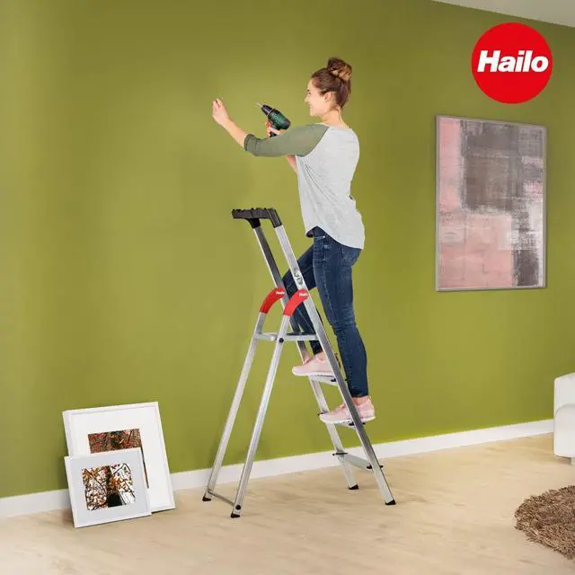 Alt view image 6 of 6 - Hailo L60 StandardLine Aluminum Safety Step Ladder - Folding Ladder With 8 Steps, 330 lb Capacity - Stable Guide Pillar, Shelf Included - Made in Germany, Stainless - Silver