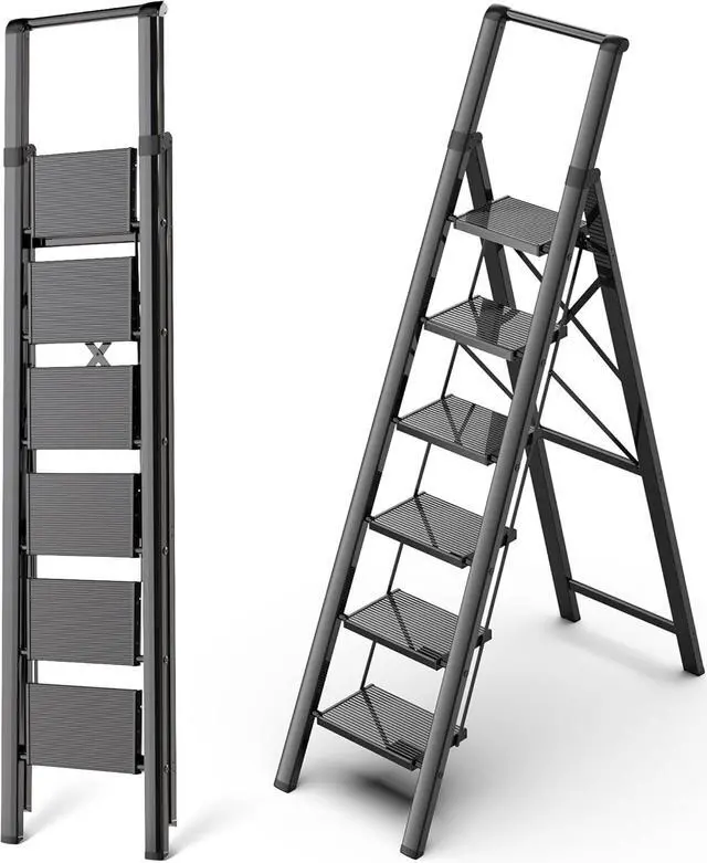 Main image of GameGem 6 Step Ladder, Aluminum Folding Step Stool with Anti-Slip Sturdy and Wide Pedal, Portable Lightweight Stepladder with Convenient Handgrip for Home, Office, Kitchen Use Black, 330 lbs Capacity