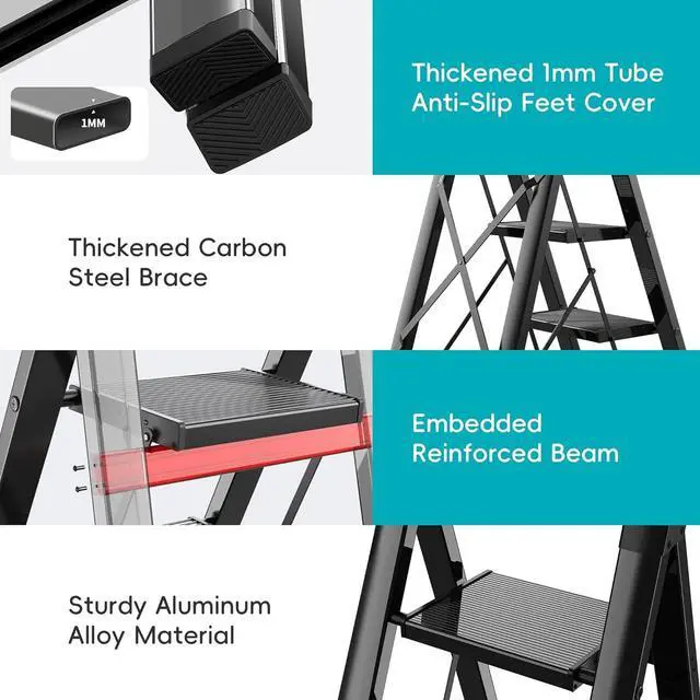 Alt view image 4 of 7 - GameGem 6 Step Ladder, Aluminum Folding Step Stool with Anti-Slip Sturdy and Wide Pedal, Portable Lightweight Stepladder with Convenient Handgrip for Home, Office, Kitchen Use Black, 330 lbs Capacity