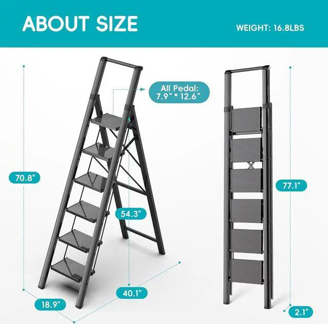 Alt view image 5 of 7 - GameGem 6 Step Ladder, Aluminum Folding Step Stool with Anti-Slip Sturdy and Wide Pedal, Portable Lightweight Stepladder with Convenient Handgrip for Home, Office, Kitchen Use Black, 330 lbs Capacity