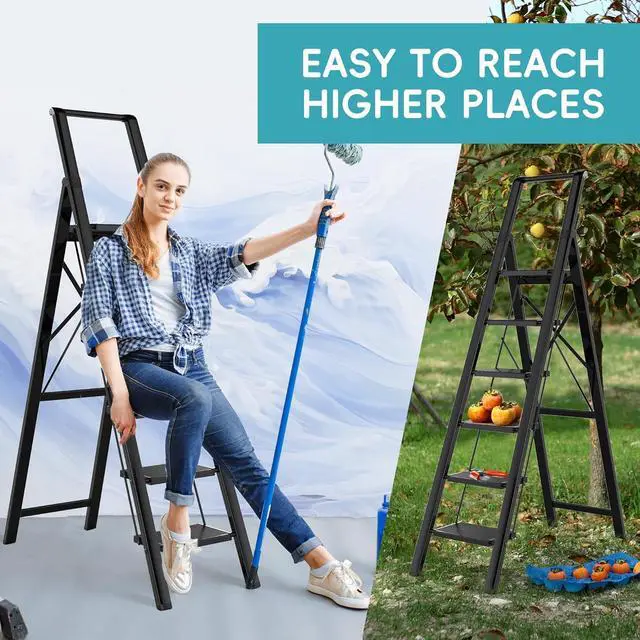 Alt view image 7 of 7 - GameGem 6 Step Ladder, Aluminum Folding Step Stool with Anti-Slip Sturdy and Wide Pedal, Portable Lightweight Stepladder with Convenient Handgrip for Home, Office, Kitchen Use Black, 330 lbs Capacity