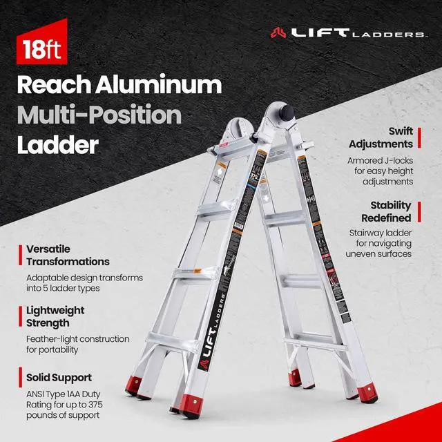 Alt view image 2 of 7 - Aluminum Step Ladder, 5-in-1 Multi-Position Frame, 18 Ft Reach, Silver - Extendable Indoor and Outdoor Equipment for Home, Kitchen, Office, and Garage - Portable and Lightweight