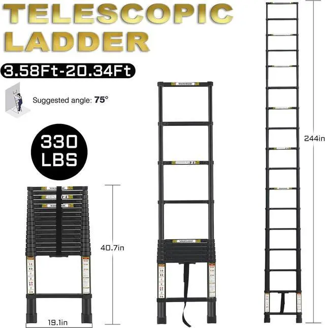 Alt view image 5 of 6 - RIKADE Telescoping Ladder 20.3FT & Attic Ladder, Heavy Duty Aluminum with Non-Slip Feet, 330lb Capacity for RV, Attic, Roof & Multi-Surface Use