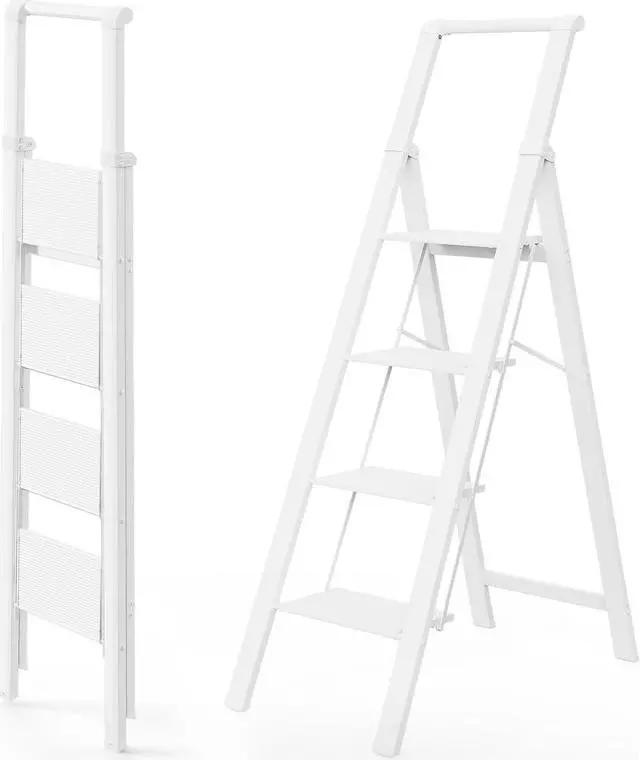 Main image of WOA WOA 4 Step Ladder, 4 Step Folding Ladder with Wide Anti-Slip Pedals, Lightweight Portable Kitchen Step Stool with Safety Handgrip, Capacity 300 Pounds - White