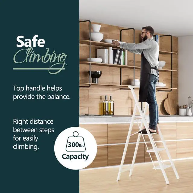 Alt view image 4 of 7 - WOA WOA 4 Step Ladder, 4 Step Folding Ladder with Wide Anti-Slip Pedals, Lightweight Portable Kitchen Step Stool with Safety Handgrip, Capacity 300 Pounds - White