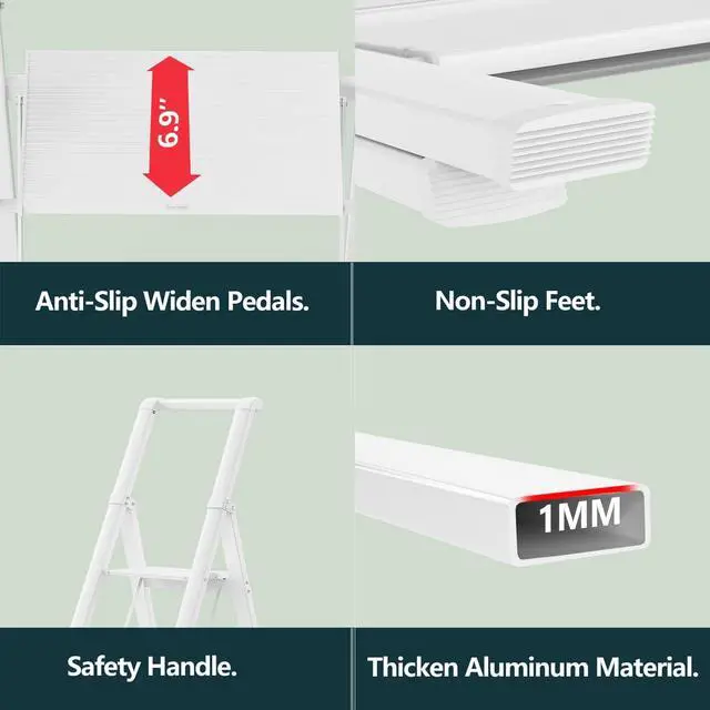 Alt view image 5 of 7 - WOA WOA 4 Step Ladder, 4 Step Folding Ladder with Wide Anti-Slip Pedals, Lightweight Portable Kitchen Step Stool with Safety Handgrip, Capacity 300 Pounds - White