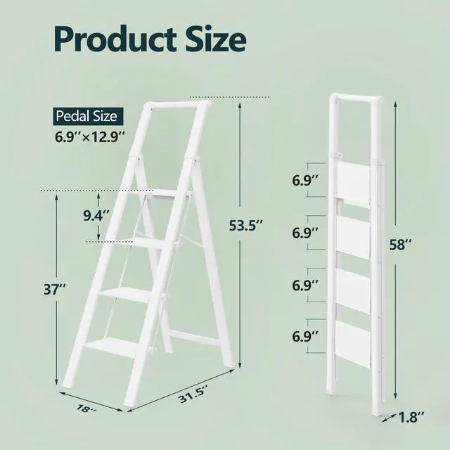 Alt view image 6 of 7 - WOA WOA 4 Step Ladder, 4 Step Folding Ladder with Wide Anti-Slip Pedals, Lightweight Portable Kitchen Step Stool with Safety Handgrip, Capacity 300 Pounds - White