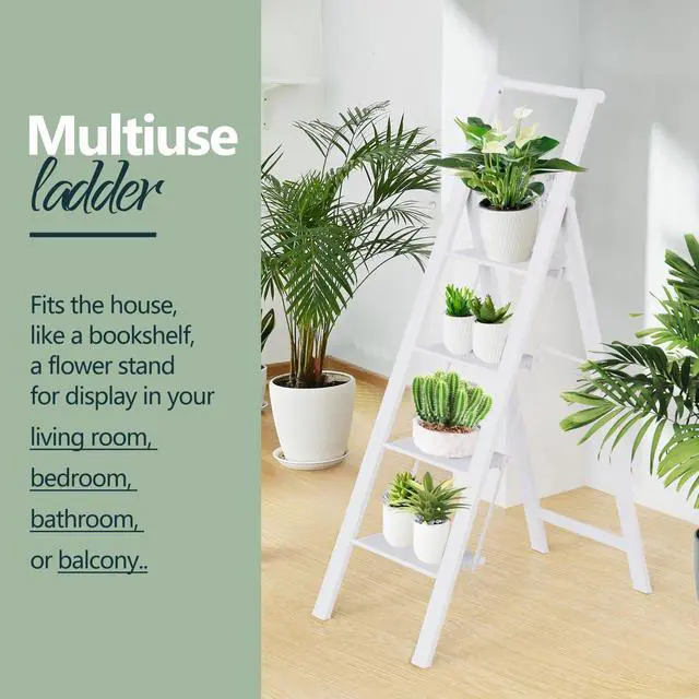 Alt view image 7 of 7 - WOA WOA 4 Step Ladder, 4 Step Folding Ladder with Wide Anti-Slip Pedals, Lightweight Portable Kitchen Step Stool with Safety Handgrip, Capacity 300 Pounds - White