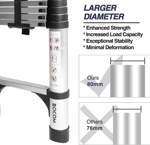 Alt view image 2 of 7 - BOCOM 14.5 FT Aluminum Telescoping Ladder, Lightweight Multi-Purpose Collapsible Extension with 2 Triangle Stabilizers, Heavy Duty 330 lbs Max Capacity, Ideal for Home, RV, and Outdoor Work Silver
