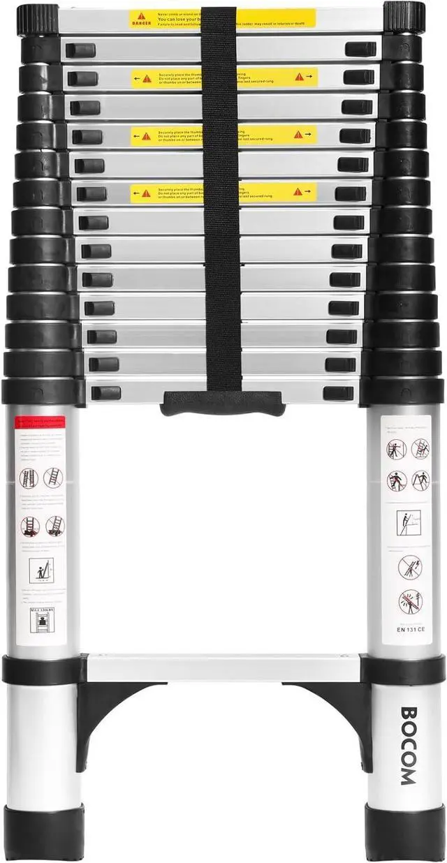 Main image of BOCOM 14.5 FT Aluminum Telescoping Ladder, Lightweight Multi-Purpose Collapsible Extension with 2 Triangle Stabilizers, Heavy Duty 330 lbs Max Capacity, Ideal for Home, RV, and Outdoor Work Silver