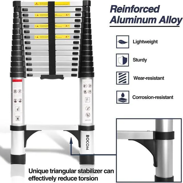 Alt view image 3 of 7 - BOCOM 14.5 FT Aluminum Telescoping Ladder, Lightweight Multi-Purpose Collapsible Extension with 2 Triangle Stabilizers, Heavy Duty 330 lbs Max Capacity, Ideal for Home, RV, and Outdoor Work Silver