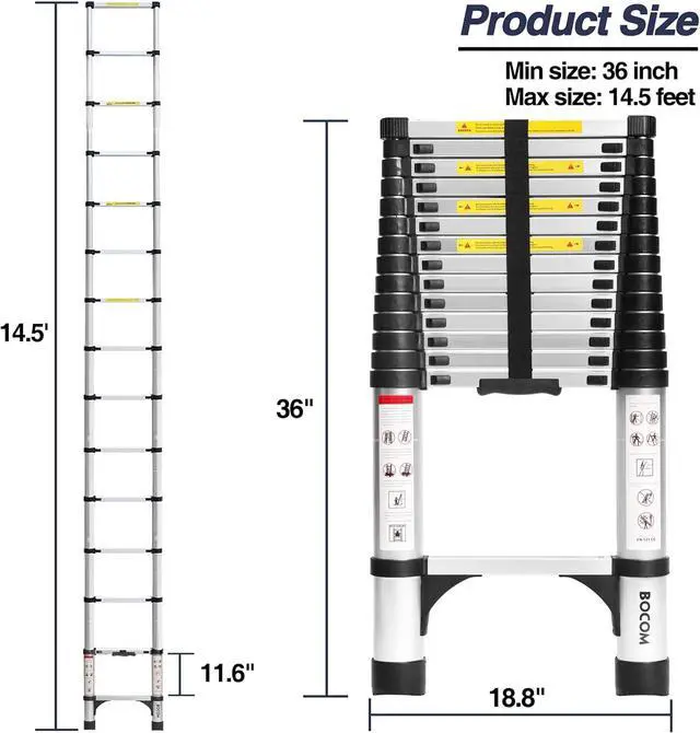 Alt view image 5 of 7 - BOCOM 14.5 FT Aluminum Telescoping Ladder, Lightweight Multi-Purpose Collapsible Extension with 2 Triangle Stabilizers, Heavy Duty 330 lbs Max Capacity, Ideal for Home, RV, and Outdoor Work Silver