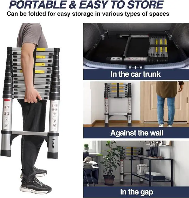 Alt view image 6 of 7 - BOCOM 14.5 FT Aluminum Telescoping Ladder, Lightweight Multi-Purpose Collapsible Extension with 2 Triangle Stabilizers, Heavy Duty 330 lbs Max Capacity, Ideal for Home, RV, and Outdoor Work Silver