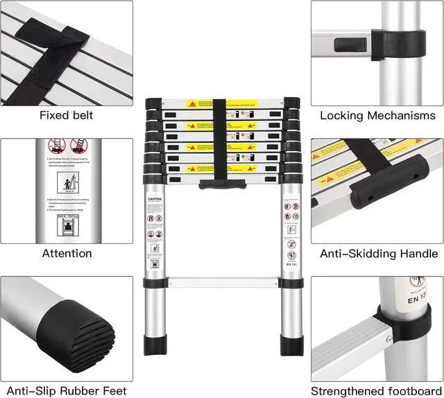 Alt view image 2 of 6 - Telescoping Ladders, (8.5Ft/2.6M) EN131 Standards Aluminum Extension Ladder, Extension for RV, Attics, Families, Outdoor Work, with a Maximum Bearing Capacity of 330lbs