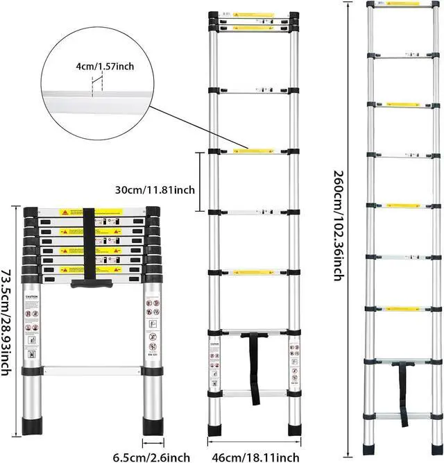Alt view image 3 of 6 - Telescoping Ladders, (8.5Ft/2.6M) EN131 Standards Aluminum Extension Ladder, Extension for RV, Attics, Families, Outdoor Work, with a Maximum Bearing Capacity of 330lbs