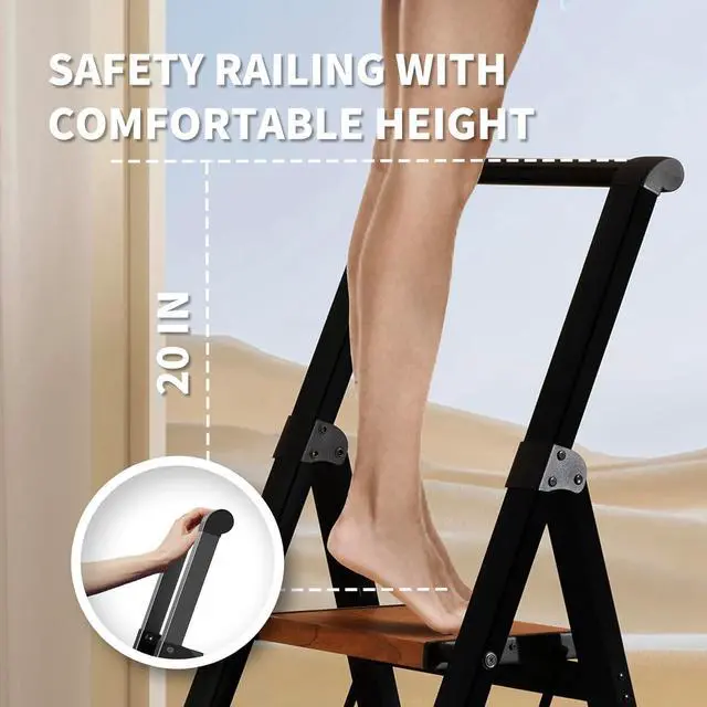 Alt view image 4 of 6 - 3 Step Ladder,Folding Step Stool with Aluminum Wide Pedal& Convenient Handgrip,330lbs Capacity Steel Ladder for Household and Office(Black &Woodgrain)