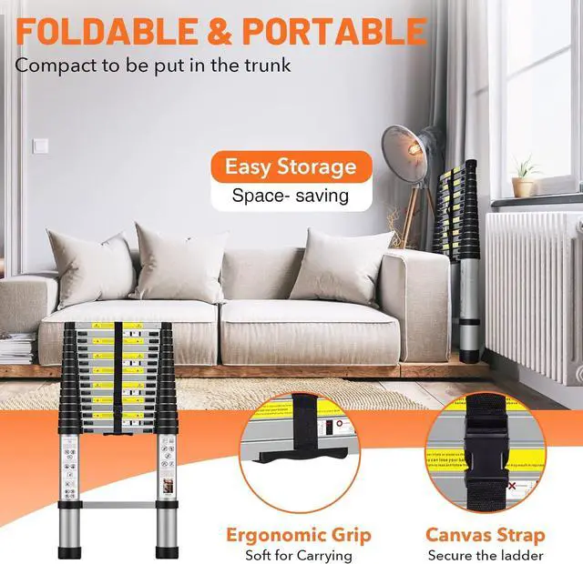 Alt view image 3 of 7 - 15.5FT Telescoping Ladder, Aluminum Extension Ladder w/Triangle Stabilizers, 330lbs Capacity Retractable Ladder, Expandable Telescopic Ladder for Home, Outdoor (15.5FT,Silvery)
