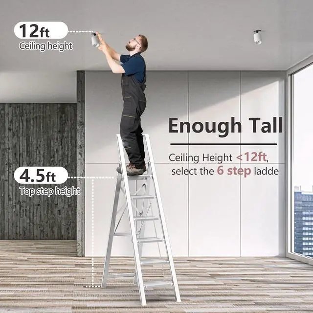 Alt view image 2 of 7 - GameGem 6 Step Ladder for 12 Feet High Ceiling, Lightweight Aluminum Folding Step Stool with Convenient Handgrip, Stepladders with Anti-Slip and Wide Pedal for Home Use Space Saving - White