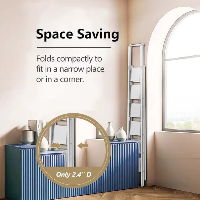 Alt view image 5 of 7 - GameGem 6 Step Ladder for 12 Feet High Ceiling, Lightweight Aluminum Folding Step Stool with Convenient Handgrip, Stepladders with Anti-Slip and Wide Pedal for Home Use Space Saving - White